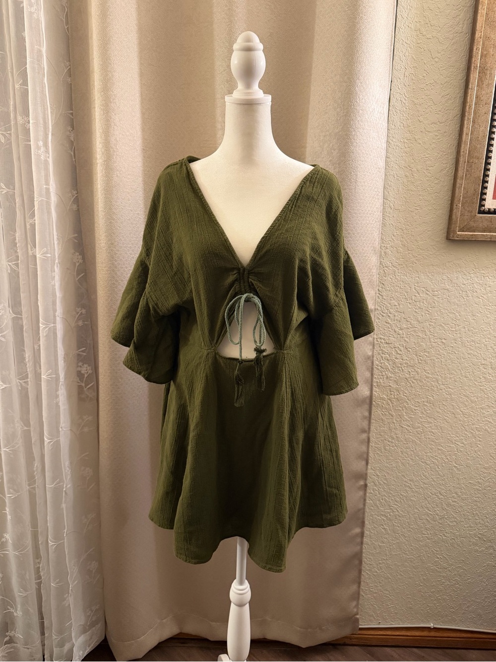 Free People Olive Green Tie-Front Babydoll Dress